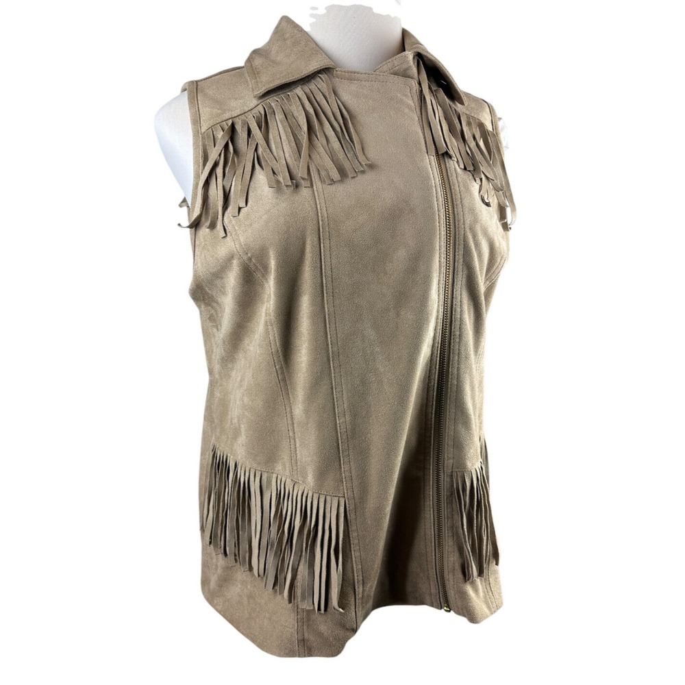 Chico's Faux Suede Fringe Vest Moto Zip Tan Size 2 Large 12 Fall Western Country - Picture 3 of 14